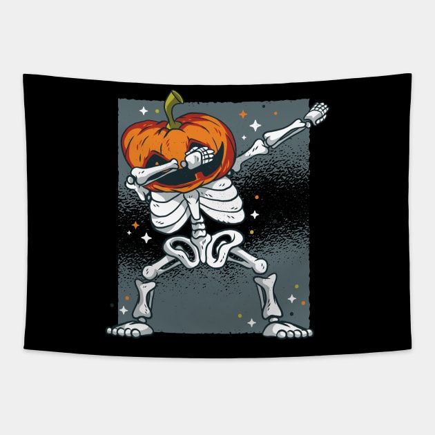 Skeleton with pumpkin head makes the DAB Tapestry by rueckemashirt
