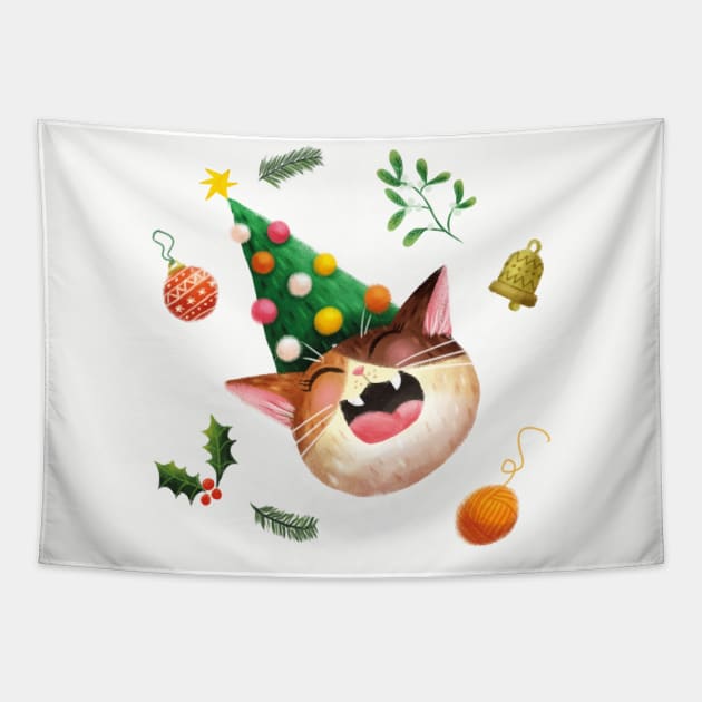 Laughing Christmas Cat Tapestry by Geeksarecool