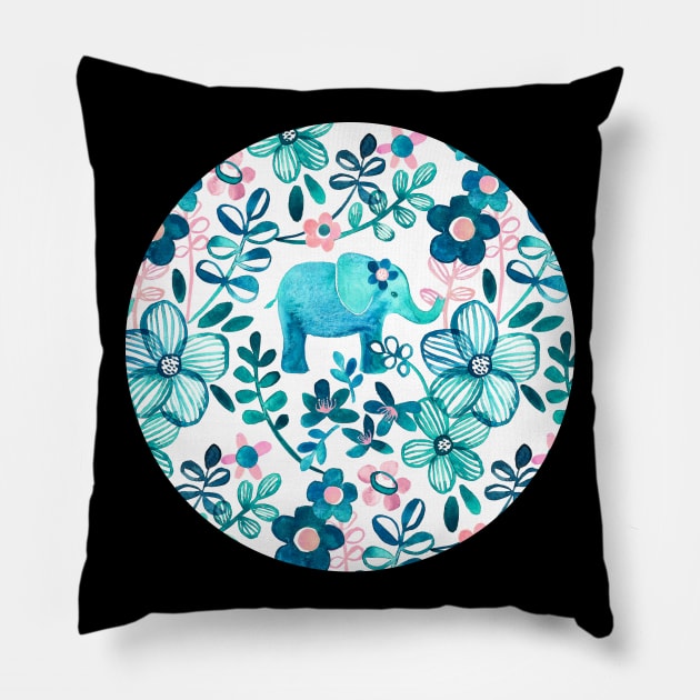 Dusty Pink, White and Teal Elephant and Floral Watercolor Pattern Pillow by micklyn