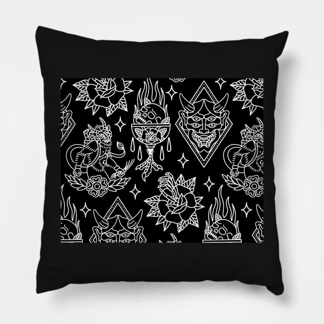 Black and White Traditional Tattoo Flash Pattern Pillow by radquoteshirts