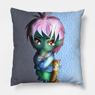 kawaii thinking green dark elf with a cute cat Pillow