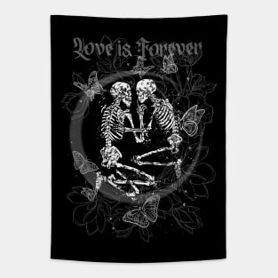 Love is Forever - Eternal Love, Dark Romance, Dark Valentine, Skeletons in Love, Tarot, Lovers, Spring, Flowers and Butterflies Sticker Tapestry