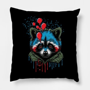 Cute Raccoon with Colorful Painted Face and Balloons Pillow