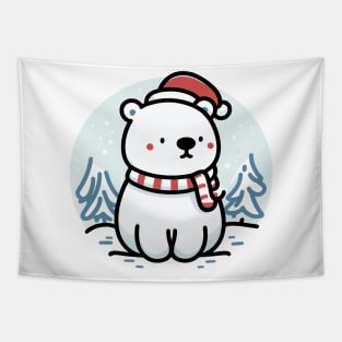 Cute Snowy Polar Winter Bear Santa Hat Scarf Holiday Tapestry