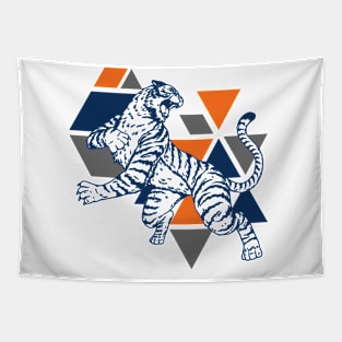 Retro 80s Orange and Navy Tiger on the Attack // Vintage Geometric Shapes Background Tapestry