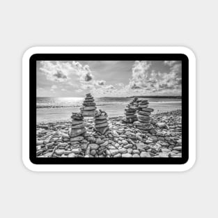 Rock Cairns On Amroth Beach, Wales, Black And White Magnet