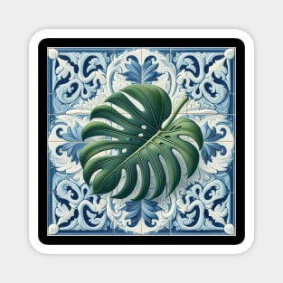 Classic Delft Tile With Monstera Leaf No.2 Magnet