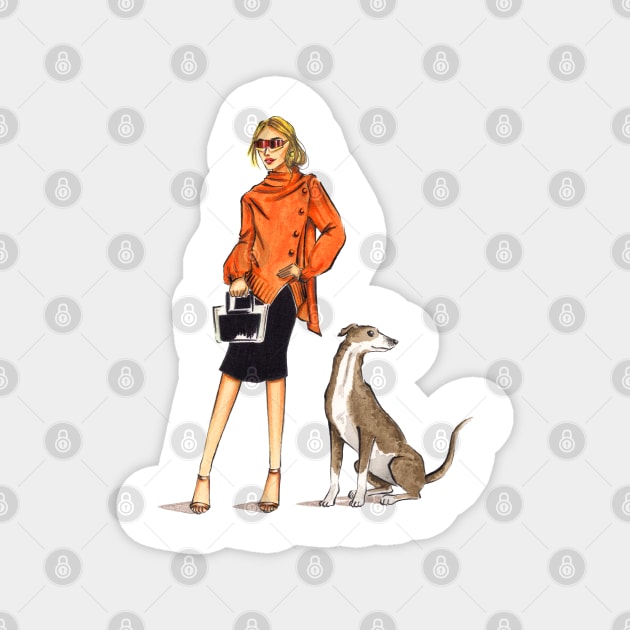 Chic Girl and Her Dog Magnet by Ji Illustrator