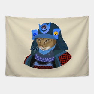 Cat samurai in blue helmet Tapestry