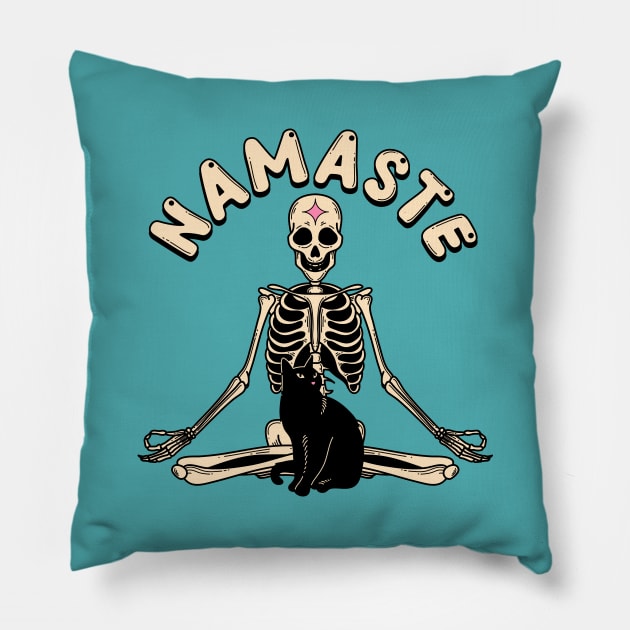 Yoga Namaste Black Cat in blue Pillow by The Charcoal Cat Co.