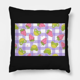 Cottagecore Froggies and Strawberries on Purple Gingham Pillow