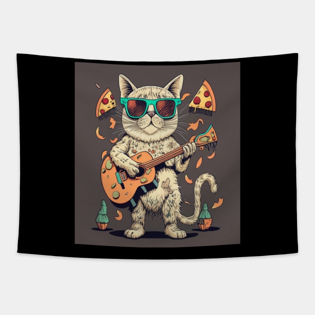 cat playing guitar for pizza Tapestry by Catbrat