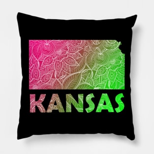 Colorful mandala art map of Kansas with text in pink and green Pillow