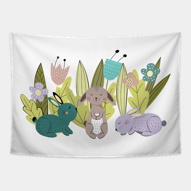 Rabbits between flowers Tapestry by grafart