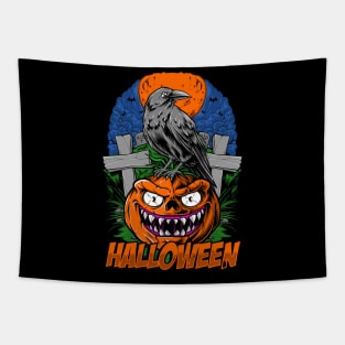 crow and halloween pumpkin head illustration Tapestry