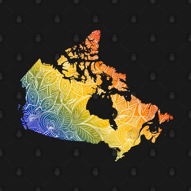 Colorful mandala art map of Canada with text in blue, yellow, and red by Happy Citizen