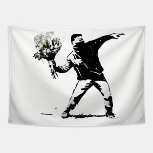 Captivating Banksy-Inspired Artwork: Man Throwing a Bouquet Tapestry