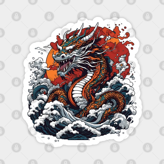 Dragon against the backdrop of a setting sun bathed in ocean waves Magnet by T-Shirt Paradise