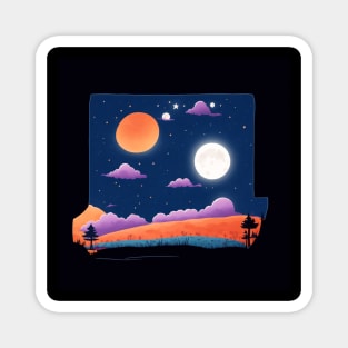 A whimsical cartoon landscape of a starry night sky with a bright full moon illuminating the landscape with in a box Magnet