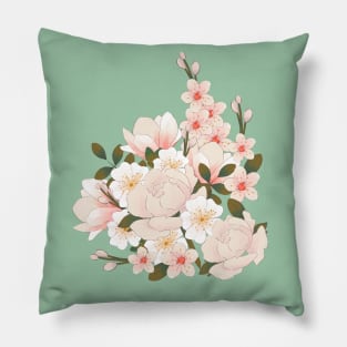 Blooming peony, magnolia and cherry Pillow