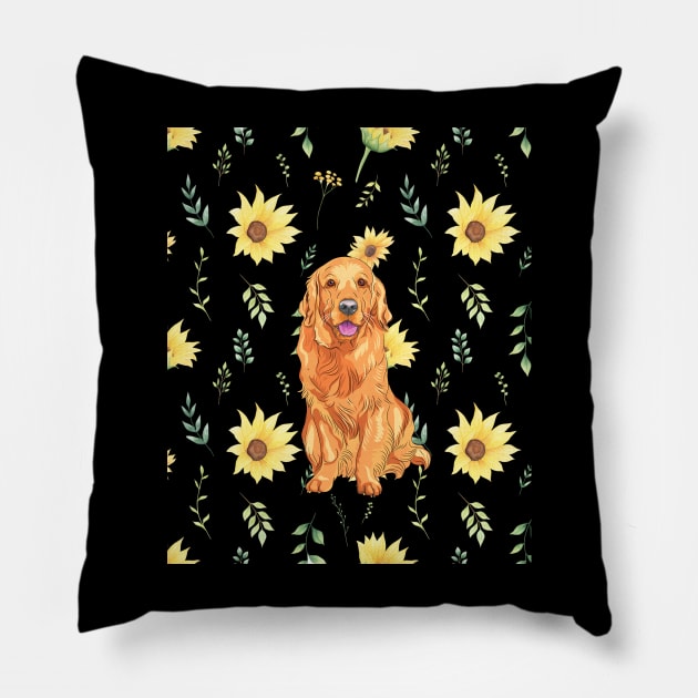 Golden retriever with sunflowers Pillow by Tranquility