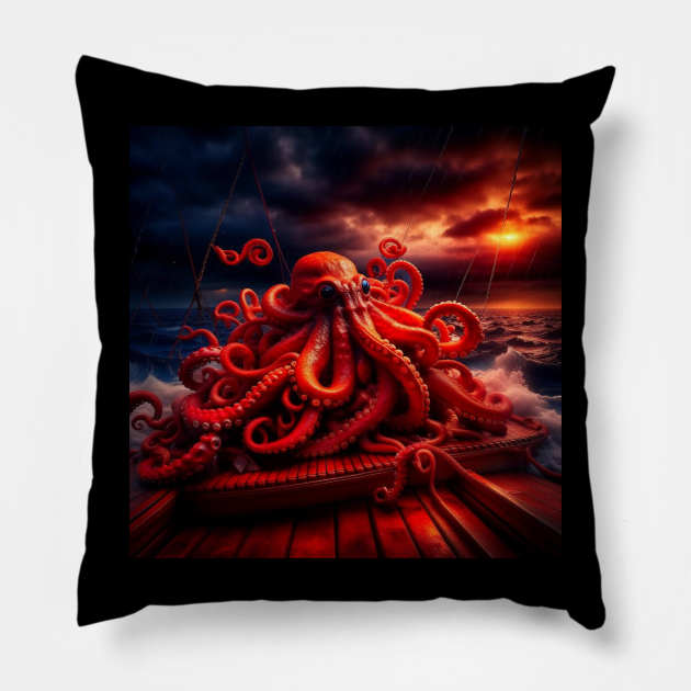 Octopus on a boat on a scary night Pillow by Artistrycreations 