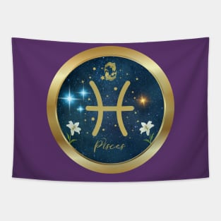 Beautiful Pisces Zodiac sign  Golden Band and flowers Tapestry