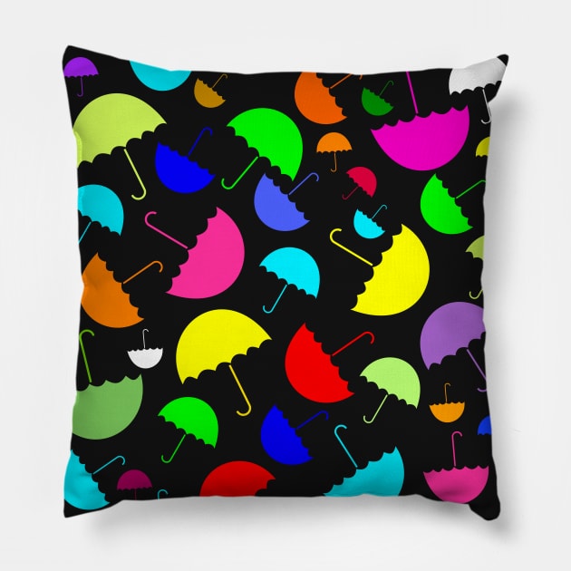 Bright happy colored umbrellas on a black background Pillow by pickledpossums