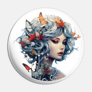 Beautiful woman's face with flowers and butterflies Pin