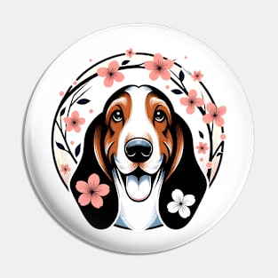 Basset Hound Delights in Spring Cherry Blossoms Radiance Pin