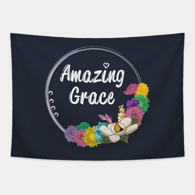 Amazing Grace Typography Colorful Floral Flower Circle Outline Spring Summer Tapestry by Little Shop of Nola