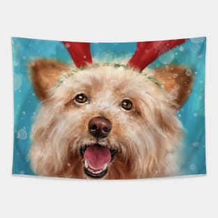 Painting of an Adorable Smiling Yorkshire Terrier with Red Antlers for Christmas Tapestry