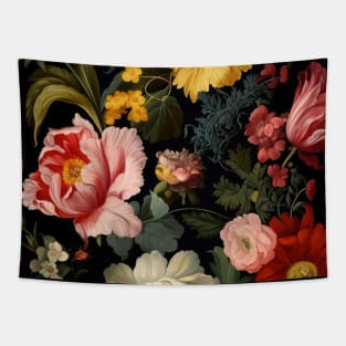 Dutch Nocturne: Luminous Floral Pastoral on Black Canvas Tapestry