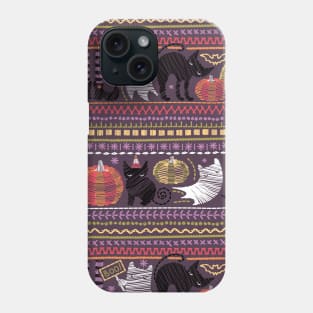 Embroidery Halloween // black cats orange and green pumpkins white ghosts and purple stitches on purple beet background Phone Case