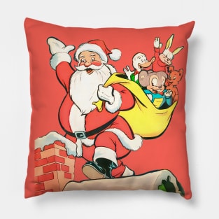 Santa Claus with his friends on the roof by the fireplace at Christmas Retro Vintage Comic Cartoon Pillow