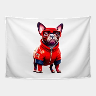 The Charismatic Frenchie: Racing in Red F1 Suit Tapestry