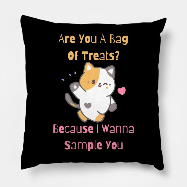 Flirty Cat, Are You A Bag Of Treats? Because I Wanna Sample You Pillow by LetsGetInspired