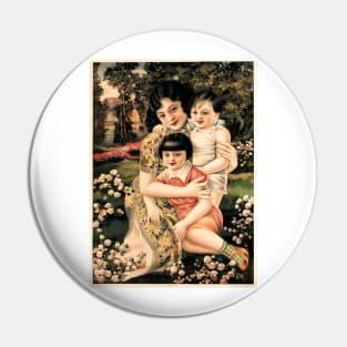 Happy Family with Children Garden Picnic Retro Vintage Chinese Pin