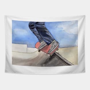 Skateboarding Watercolor and Ink Illustration Tapestry