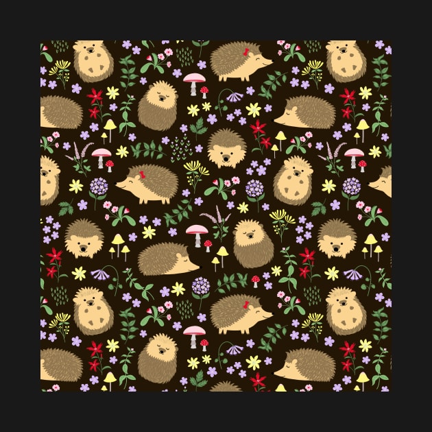 Hedgehogs amid woodland plants and flowers by missmewow
