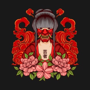 oni mask red girl flower cloud leaf T-Shirt