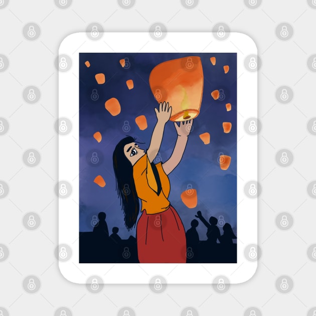 Girl with Chinese lantern Magnet by Eveline D’souza