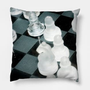 The next move - Glass chess pieces on a chess board Pillow