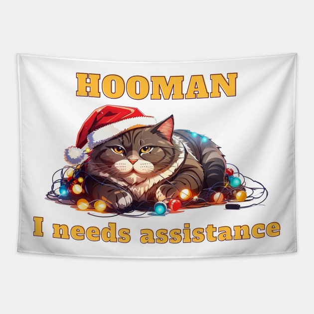 Funny Christmas Cat Wrapped in Lights, Fat Cat Meme Tapestry by TheCloakedOak