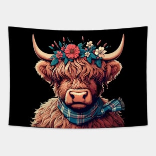 Funny scottish highland cow with flower crown Tapestry