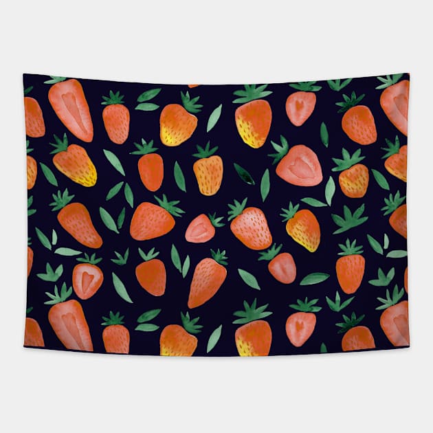 Watercolor strawberries pattern - orange on dark background Tapestry by wackapacka