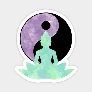 Buddha Yin Yang Lotus Flower Watercolor Green and Purple Magnet