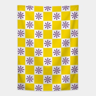 Retro Yellow, Purple Checkered Floral Pattern Tapestry