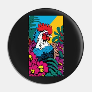 Chicken Rooster Vibrant Tropical Flower Tall Retro Vintage Digital Pop Art Portrait Pin