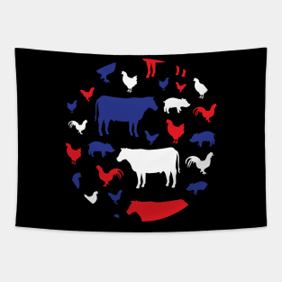 Country farm animal silhouette circle design in red, white and blue colors Tapestry